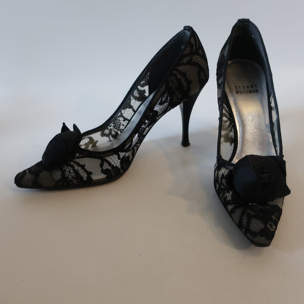 Stuart Weitzman Black Lace Pointed-Toe Heels with Rosette